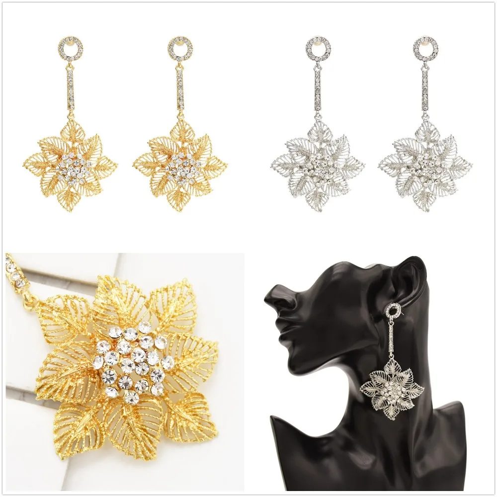 

Luxurious Gold Hollow Out Flower Dangle Earrings Snowflake Statement Aretes Crystal Leaf Long Drop Earrings Elegant Lady