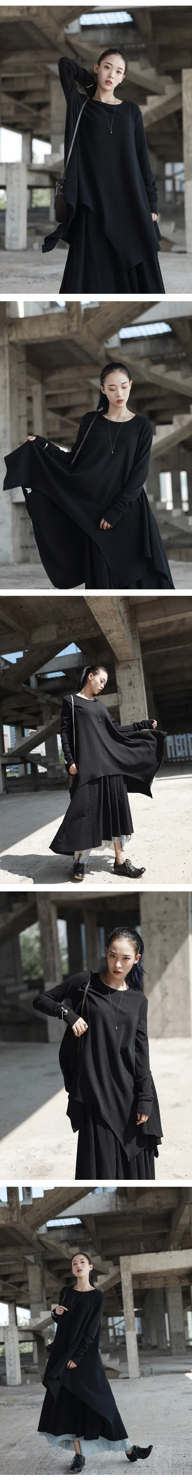 Cakucool Новое однотонное Черное женское Ассиметричное платье с длинными рукавами Normcore, свободные длинные платья средней длины, Осенние готические платья размера плюс