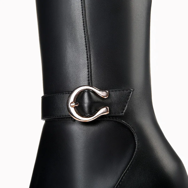 

FUN VILLE 2018 New Style Women knee High Boots Genuine Leather Winter High heel Boots Warm Pointed toe Zipper Big size 34-45