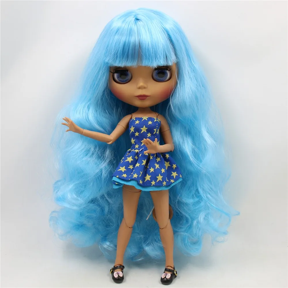 Ледяной DBS Blyth кукла 1/6 bjd совместное тело темная кожа матовое лицо синие волосы 30
