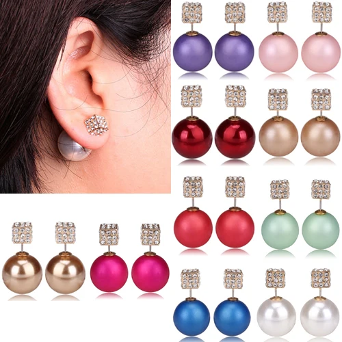 Womens Ladies Double Sides Faux Pearls Square Rhinestones Ear Studs Creative Earrings 4TJ5 | Украшения и аксессуары
