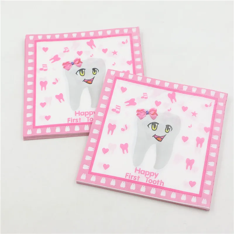 Розовый счастливый Первый зуб напечатаны Бумага салфетка для видов партии