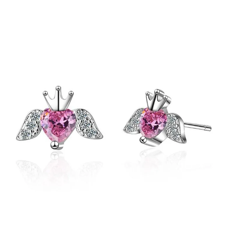 

New Beautiful Sweet Wings Angel Silver Plated Jewelry Temperament Crown Crystal Exquisite Stud Earrings XZE069