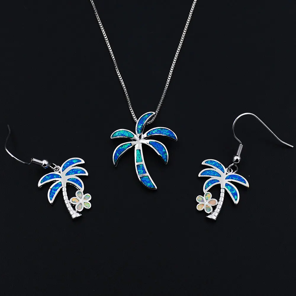 Charming Blue Fire Opal Palm tree Jewelry Sets Necklace + Earring |