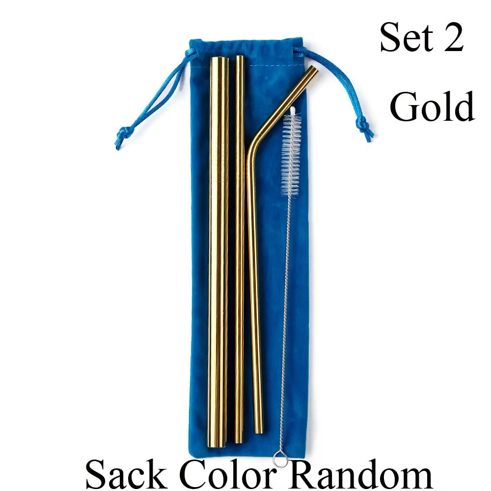 set2 gold 1 комплект соломинки из нержавеющей стали с чистящей щеткой бесплатный мешок прямые/изгиб многоразовые, для питья кружка с соломкой чашки бар аксессуары - Цвет: set2 gold