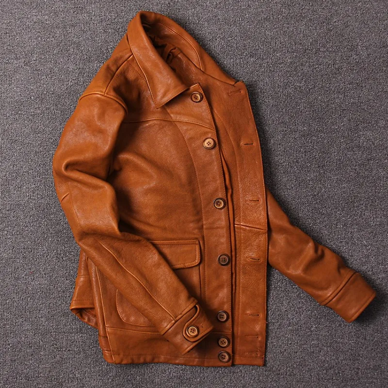 

Men Vintage Black Genuine Cow Leather Jacket Lapel Fashion Slim Fit Real Leather 100% Cowhide Jackets Male Motorcycle Biker Coat