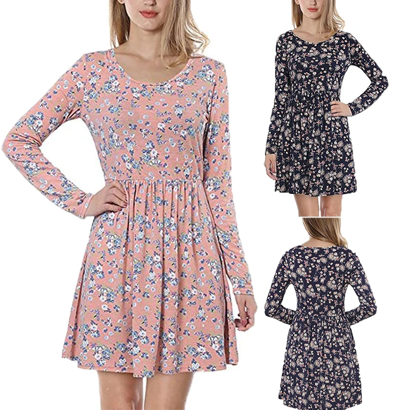 Женское Повседневное платье с длинным рукавом осенние платья цветочным принтом