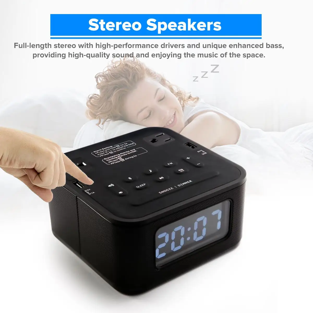 Беспроводной ЖК-цифровой будильник+ bluetooth-динамик+ fm-радио+ двойной usb-порт для зарядки+ розетка Регулируемая яркость