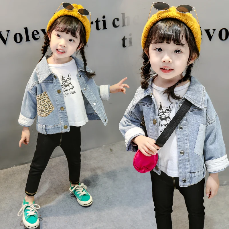 

7 Options Baby Girls Fashion Leopard Spliced Denim Jacket Little Kids Lovely Embroidered Casual Coat Children's Outerwear X407