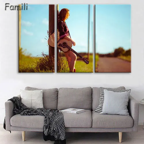 Холст стены Книги по искусству некадрированным Home Decor Фотографии комплект из 3 предметов Электрогитары Картины Винтаж музыкальный инструмент Плакаты HD с Пэн - Цвет: Зеленый