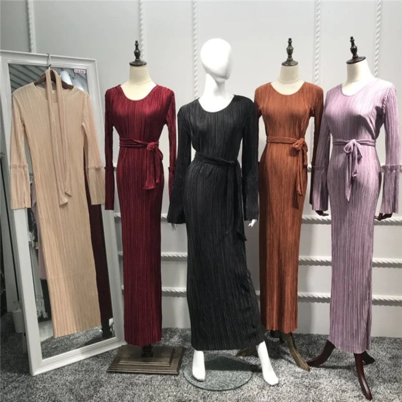 Women's Muslim Hijab Pleated Dress Arab Women Loose Sashes Folding Abayas Arabic Dubai Turkish Kaftan Female Clothing | Тематическая