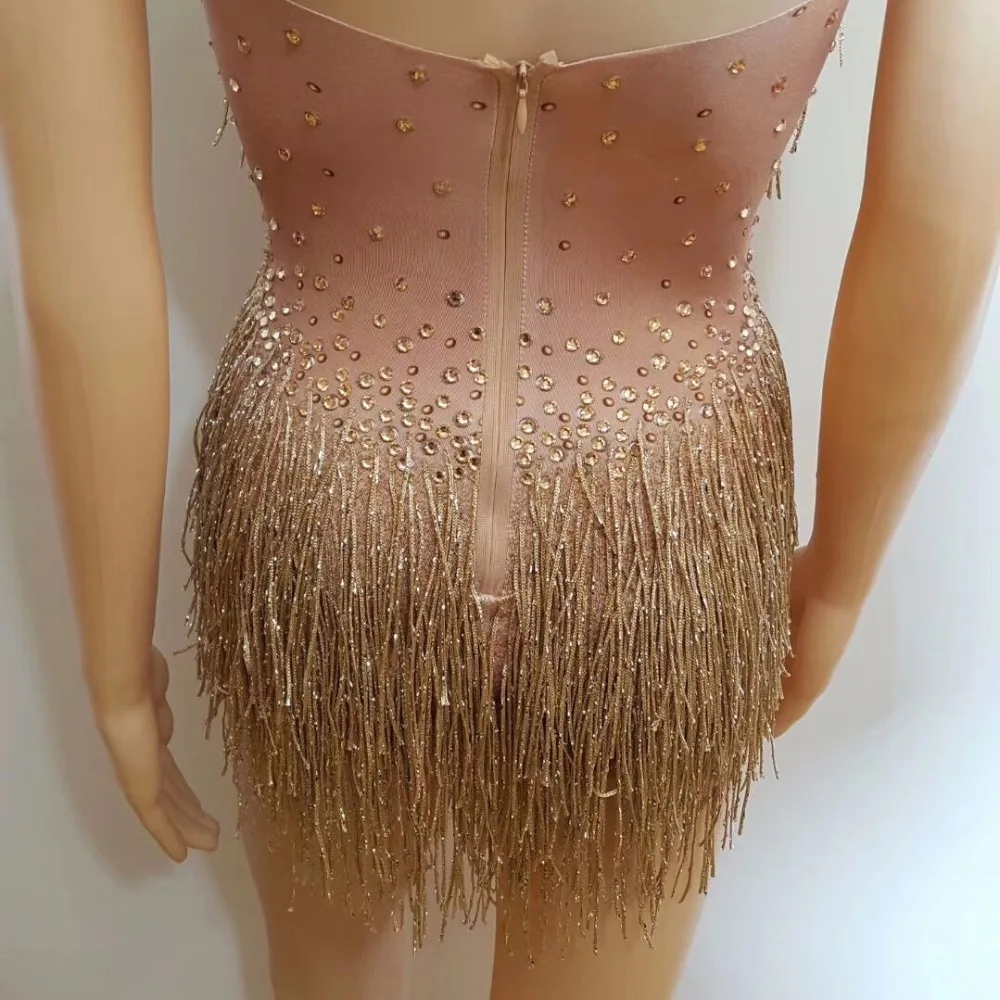 Sexy Sparkly Gold Tassel Bodysuit Rhinestones Outfit Glisten Beads Costume One-piece Dance Wear Singer Stage Leotard Bodysuit