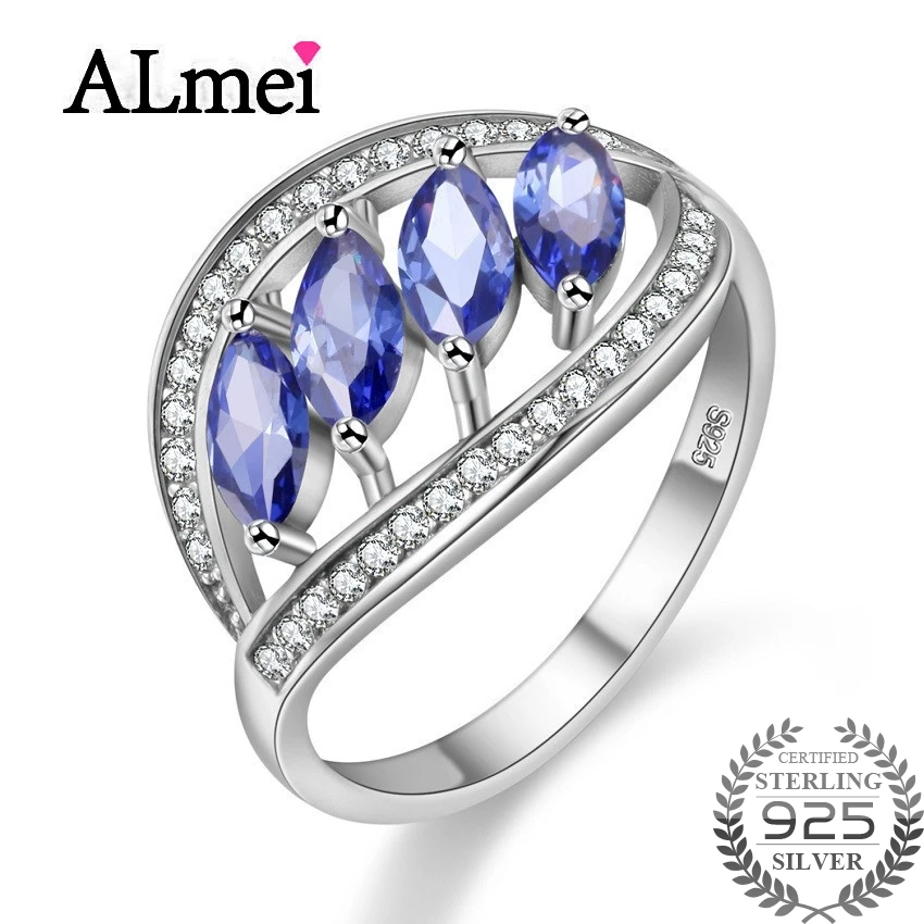 Almei 2018 Игристые Листья 925 пробы серебро с голубым фианитом обручальные кольца