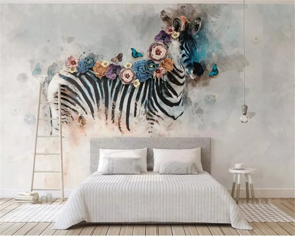 

beibehang Custom size New vintage hand-painted oil painting watercolor zebra flower animal background papel de parede wallpaper