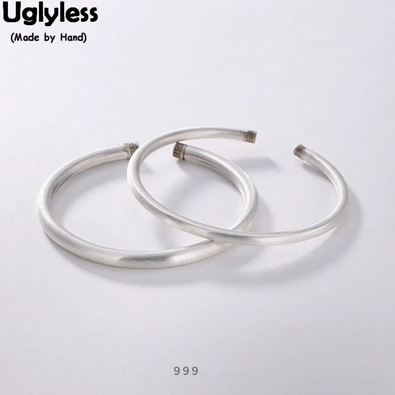 

Uglyless Real Solid 999 Pure Silver Round Bangles for Women Brushed Antioxidant Open Bangles Simple Handmade Fine Jewelry 2 Size