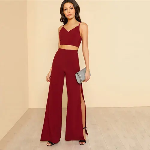 SHEIN Модный Комплект С Вырезом Короткий Топик На Бретельках Топ И Брюки Комплект Из 2 Предметов - Цвет: Бургундия