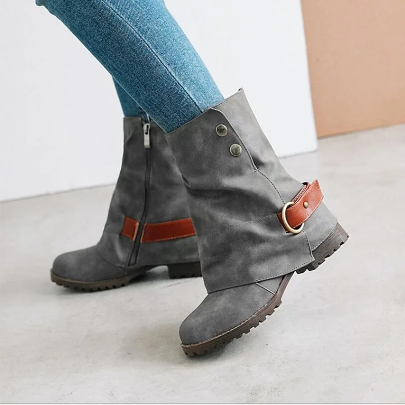 

women ankle boot winter women mixed color leather buckle boots lady winter autumn suede flat heel chivalry boots size 34-43