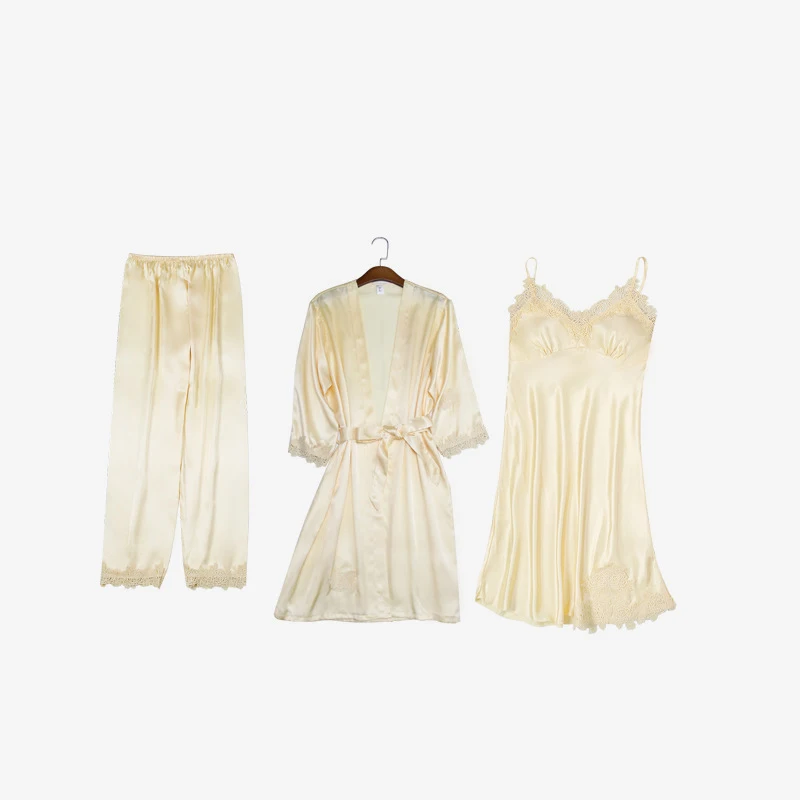 Yellow 3 pcs Кигуруми Единорог 5 шт сексуальные кружевные пижамы набор женский искусственный шелк полосатый халат набор леди v-образным вырезом домашняя одежда пижамы с нагрудными накладками - Цвет: Yellow 3 pcs