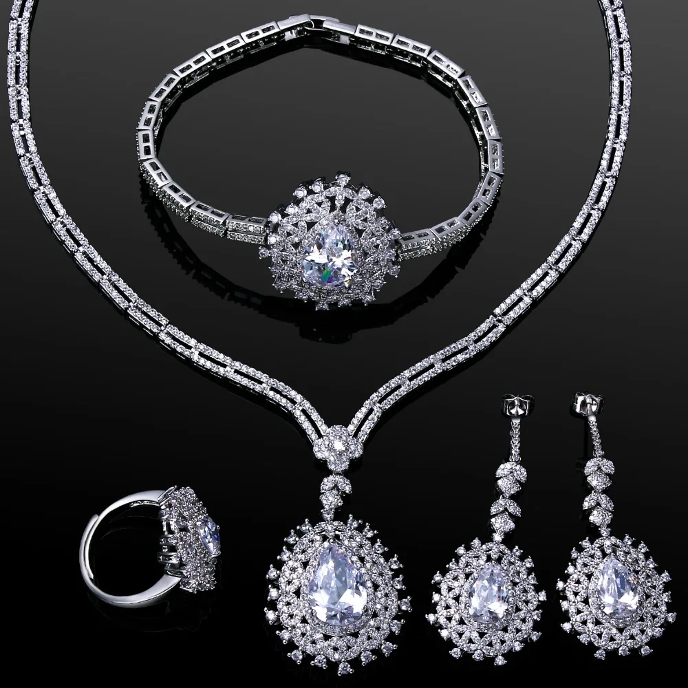 

New Women wedding Jewelry Sets rhodium plated with cubic zircon 4pcs sets ( necklace + bracelet + earrings + ring) free shipment