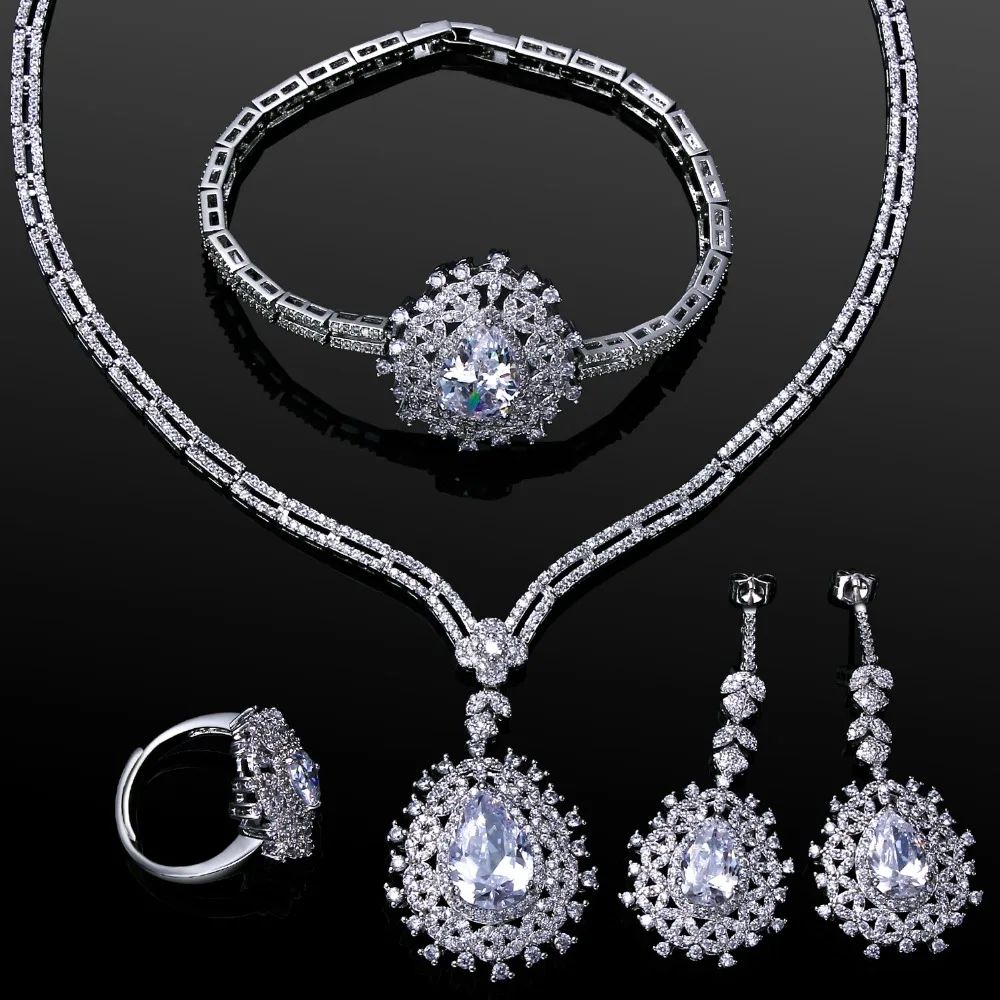 Комплект из колье браслета серёг и кольца с фианитом|women wedding jewelry set|wedding setsjewelry sets |