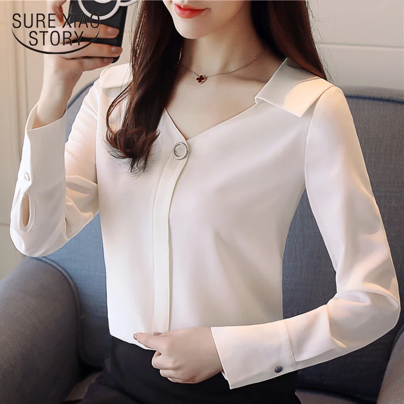

2021 new spring fashion long sleeved blouses chiffon shirts office lady women tops v-neck blouses solid white clothing D467 30