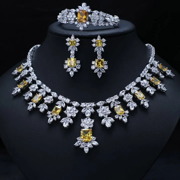 Роскошные жёлтые циркониевые Серьги Ожерелье Браслет Ювелирный Комплект