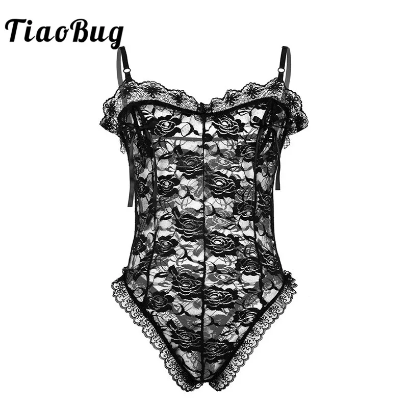 

TiaoBug Men Black Lace Floral Nipple Splits with Ribbon Hot Sexy Sissy Lingerie Thong Male Transparent Bodysuit Erotic Nightwear