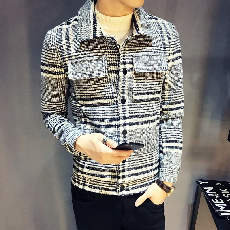 Шерстяные куртки мужские клетчатые бомберы винтажные Jaqueta Masculina Slim Fit 2018 зимние