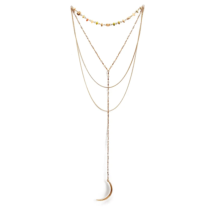 Offerte 2017 Trendy Colorful Natural Stone Bead Choker 4 Strati Pendente Corno Collana Catene D'oro Della Lega Del Nodo Collana Di Fascino Myc02018