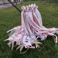 newest 50pcslot pink jute lace wedding ribbon wands with big sliver bells for wedding party