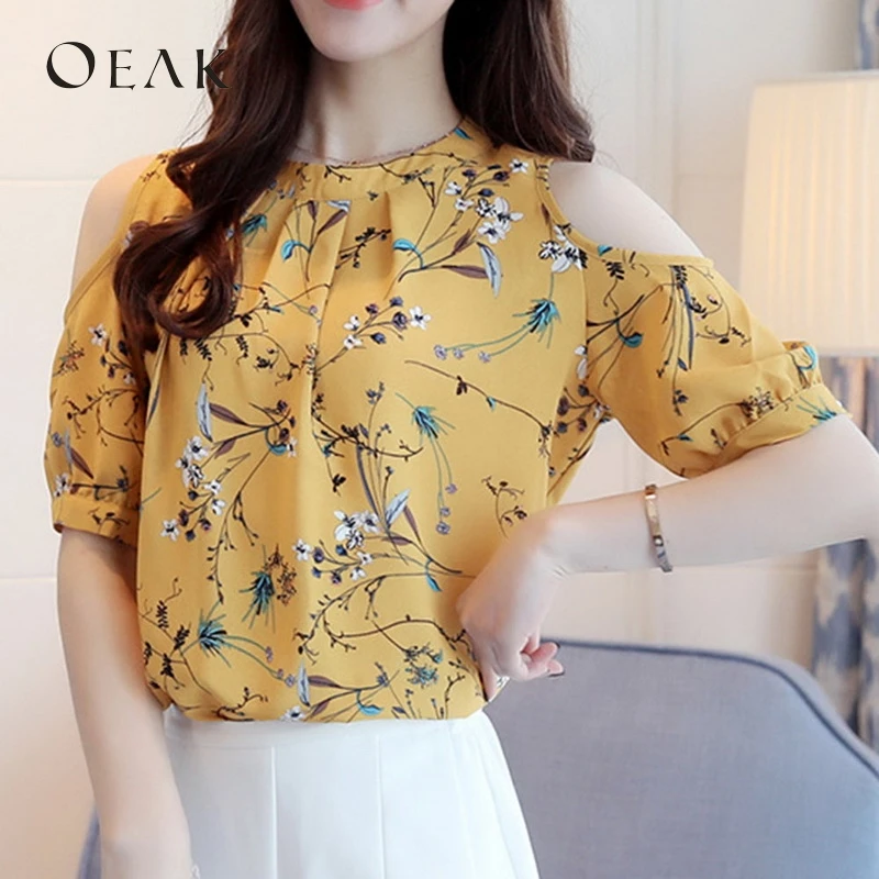 OEAK Women Summer Chiffon Blouse Sexy Cold Shoulder Shirts Casual Short Sleeve Floral Printed Tops Laides Elegant roupa feminina |