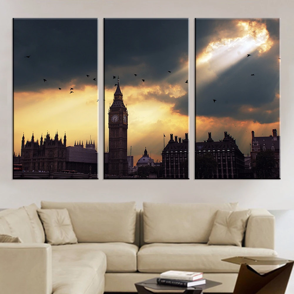 

Abstract Photo Wall Sunset Landscape Modular Unframed Pictures For Living Room 3 Panels Big Ben Decor HD Poster Canvas Painting