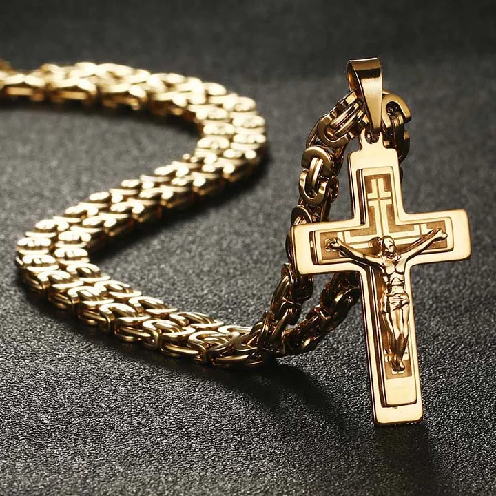 Gold Color Men's Stainless Steel Jesus Christ Holy Crucifix Cross Pendants Necklaces Catholic Long Chain Necklaces Boys Gifts Jewelry NC011 - Окраска металла: Gold Color