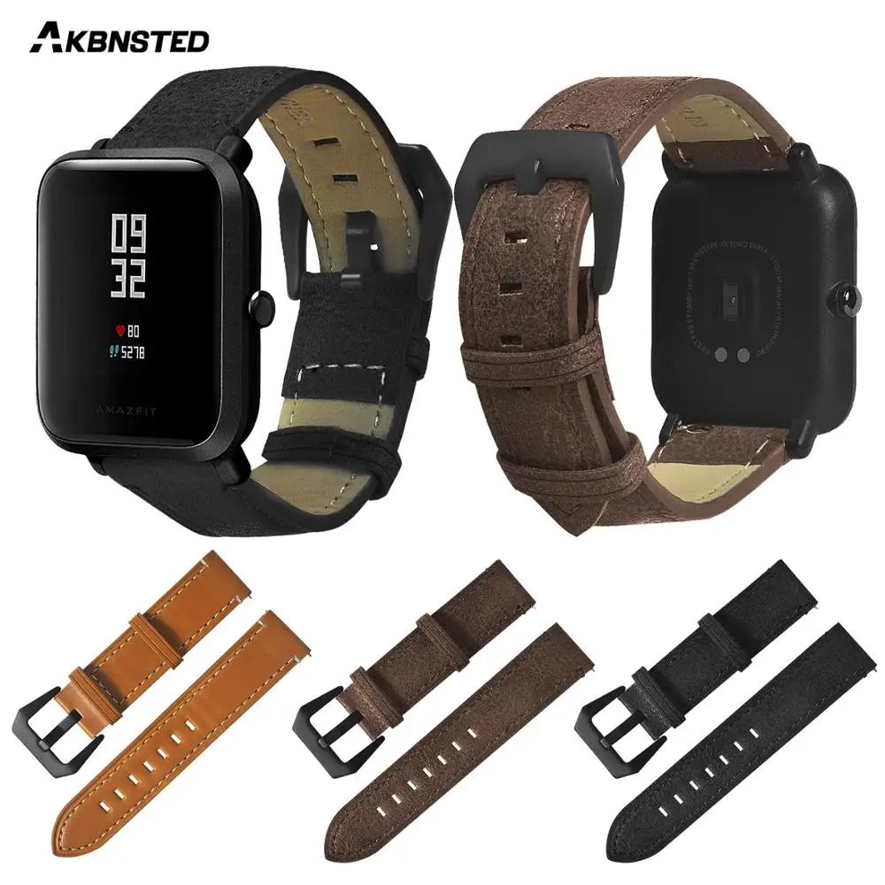 AKBNSTED браслет из натуральной кожи для Xiaomi Huami Amazfit Bip Youth SmartWatch ремешок сменный