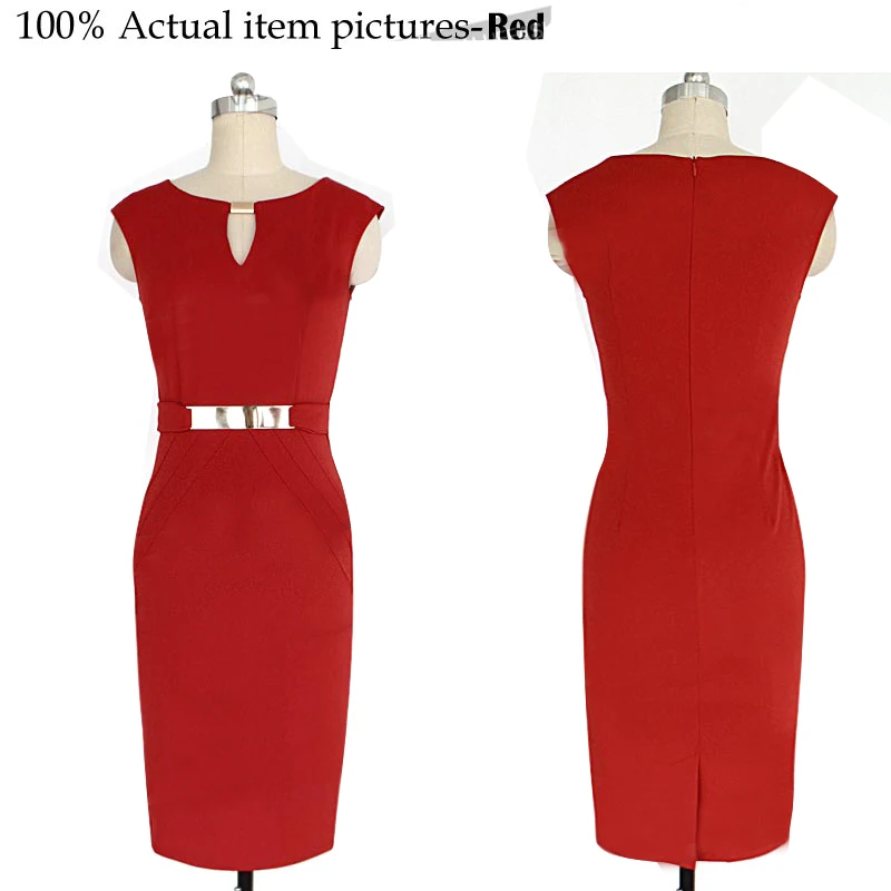 Business Casual Dress 2015 Women O-Neck Knee Length Bodycon Cute Career Ladies Office Red Formal Party | Женская одежда