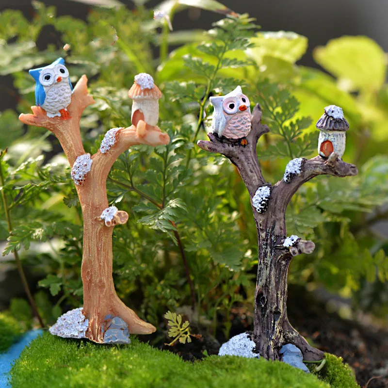 

1Pcs Mini Resin Owl on the Tree Figurines Doll House Micro Landscaping Decor For Garden DIY Craft Accessories Kids Birthday Gift