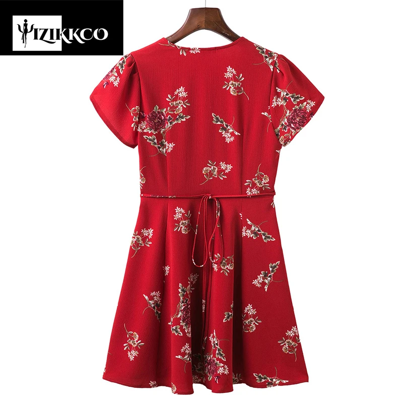 Boho Style Mini Dress Women Deep V Sexy Beach Summer Dresses Floral Print Vintage Chiffon White Dropped vestidos SZQ300 | Женская одежда