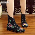 Женские ботильоны ручной работы Veowalk, из хлопчатобумажной ткани с цветочной вышивкой, повседневные короткие ботинки на шнуровке