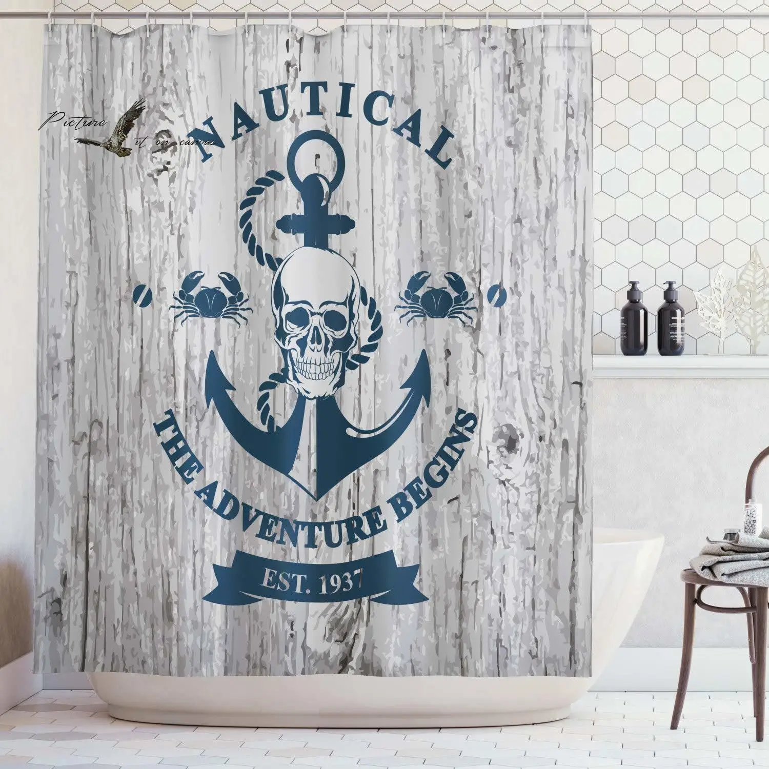 Anchor Decor Shower Curtain Set Art with Skull Rope Nautical The Adventure Begins Message Historic Bathroom Accessories | Дом и сад