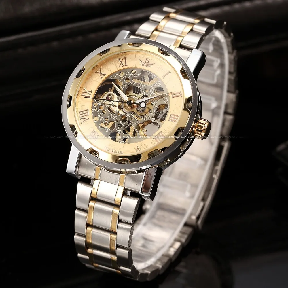 Часы мужские модные классические механические со скелетом из черной стали|watch