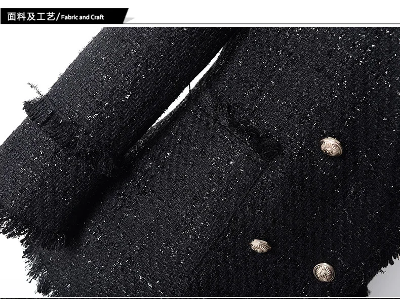 

Classical Women Double Breasted Coats Slim Office Lady's Mid Long Jackets Tassel Wool Knitted Chic Autumn Outerwear Elegant Coat