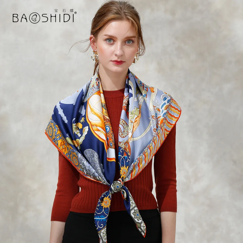 Женский атласный шарф BAOSHIDI платок из 100% шелка на 16 момме квадратный 106*106 осень 2017|