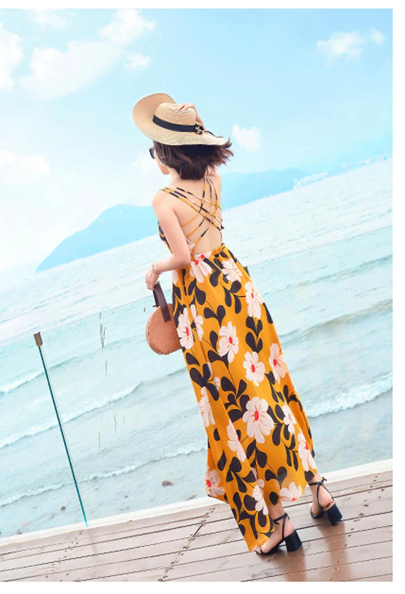 Желтый v образный вырез без рукавов Холтер шифон белый цветочный Макси платье