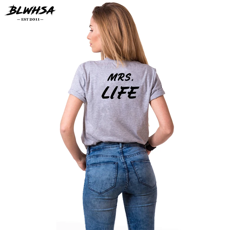 Парные футболки BLWHSA с надписью MR.GOOD MRS.LIFE хлопковые коротким рукавом и круглым