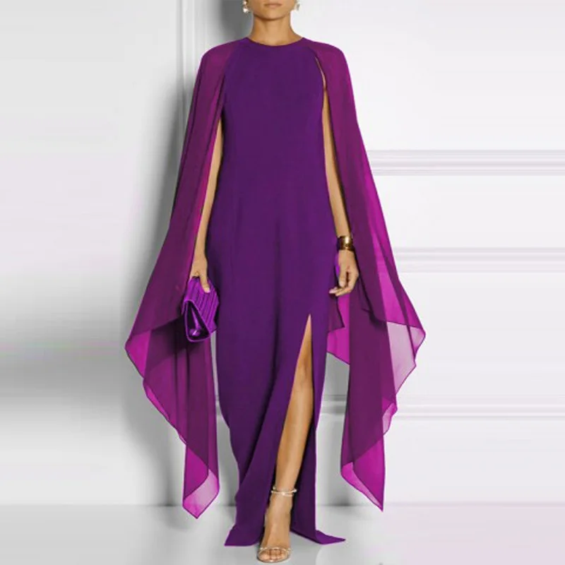

Long Sleeve Chiffon Dress Women New Fashion Elegant O-neck A-line Cape Maxi Dresses Ladies Party Long cloak dress For Women