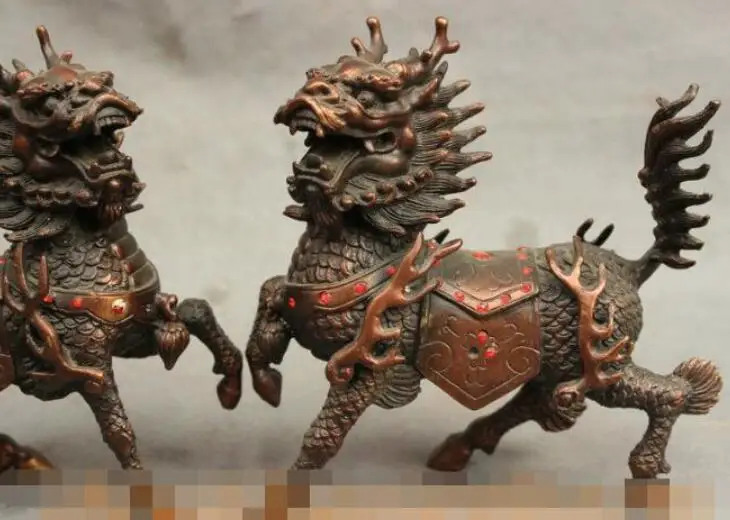 SHUN 6&quot Chinese FengShui Red Bronze Guard Dragon Kylin Unicorn Lion Beast Statue Pair | Дом и сад