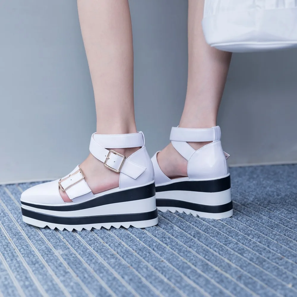 

Women's genuine leather ankle buckle wedge platfrom sandals square toe thick sole punk summer sandalias metal buckle heels shoes