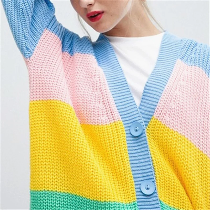 Autumn Women Knitted Cardigan Rainbow Patchwork Sweater Maccaron Color Stripes Loose Harajuku Women'S Sweaters |