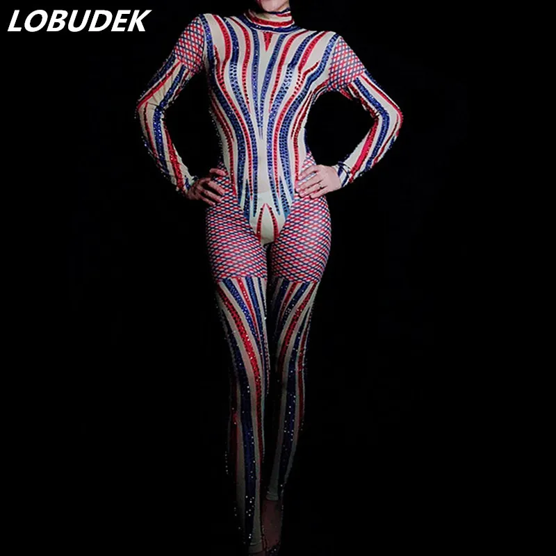 Fashion Colorful Striped Rhinestones Jumpsuit Crystals Elastic Jumpsuits Sexy Female Birthday Celebration Singer Stage Outfits