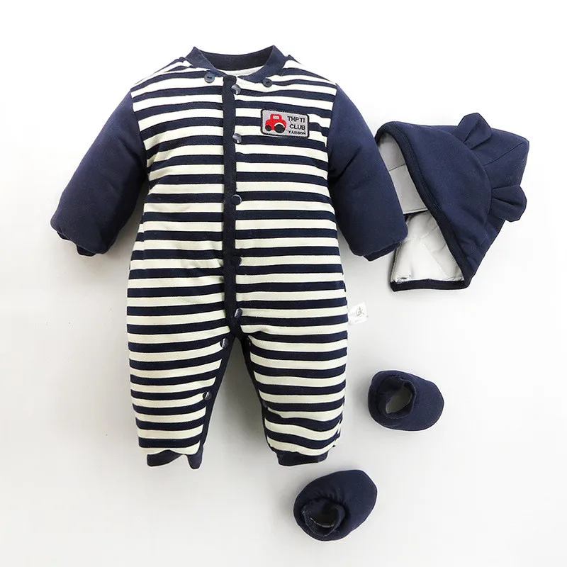 100% Cotton Newborn Striped Cartoon Car Winter Romper Long Sleeve Baby Warm Clothes Kids Cute Hooded Single Breasted Outwear